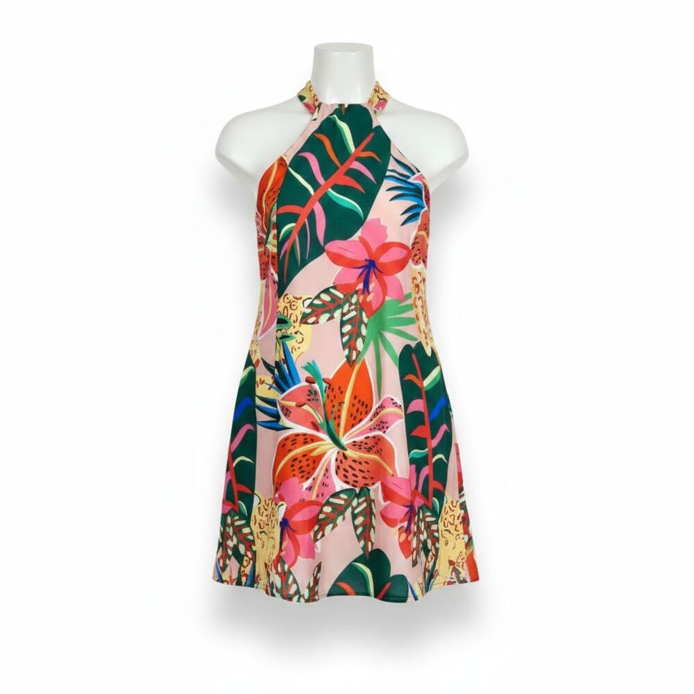 NWT Tropical Halterneck Mini Dress Plus 3X Palm Leaf Print Party Festival